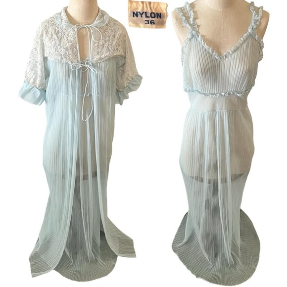 Mid Century Chiffon Peignoir Robe & Pleated Full Length Night Gown Set Vintage - Picture 10 of 10